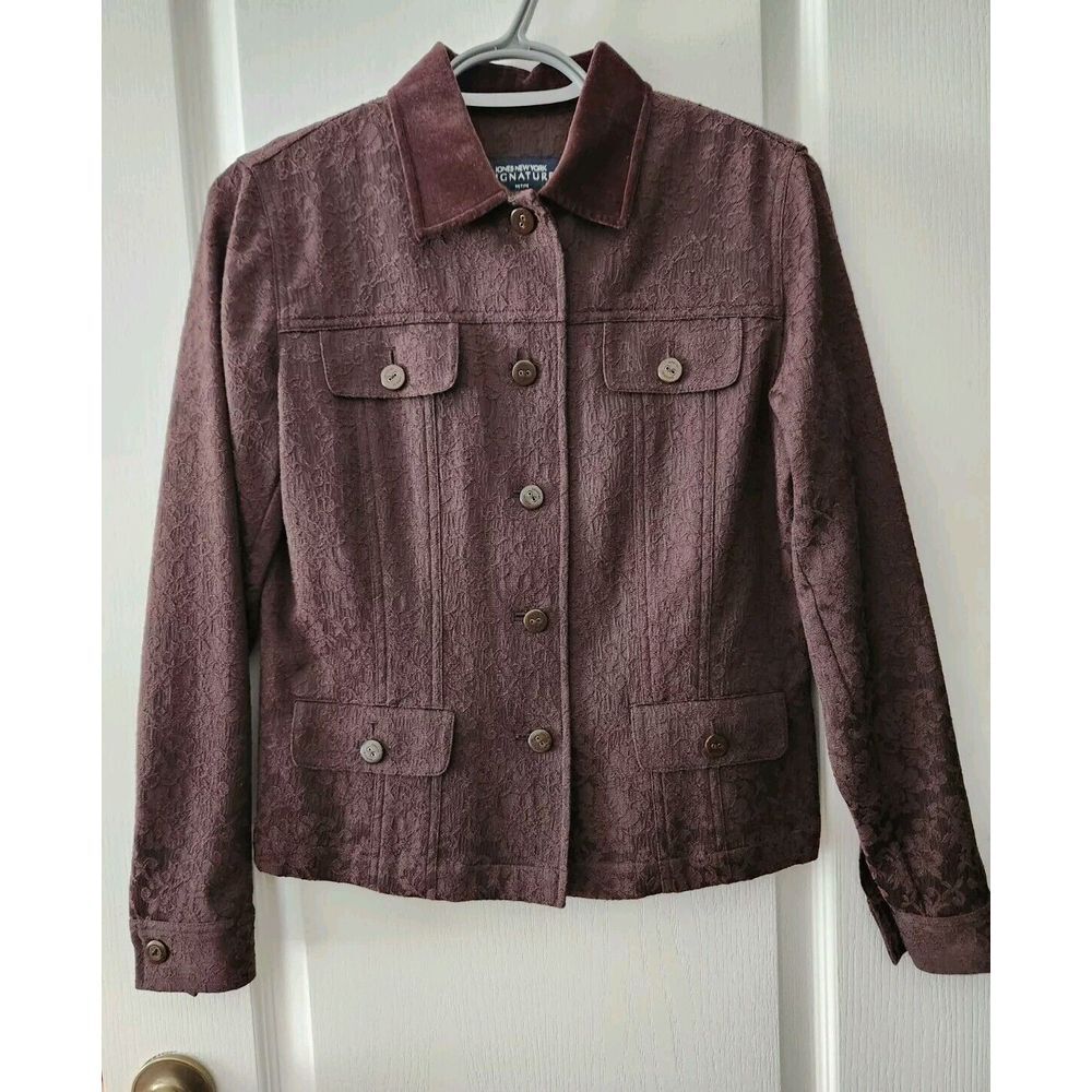 Jones NY Signature Women's Jacket Brown Floral Embossed Button Size Petite S